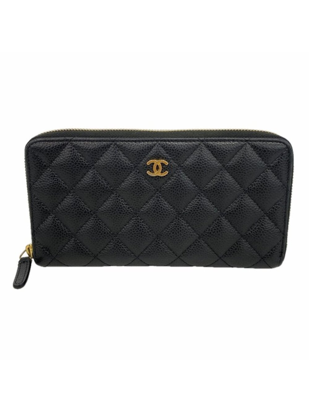 Chanel Wallet Quilted Caviar Leather Black Gold